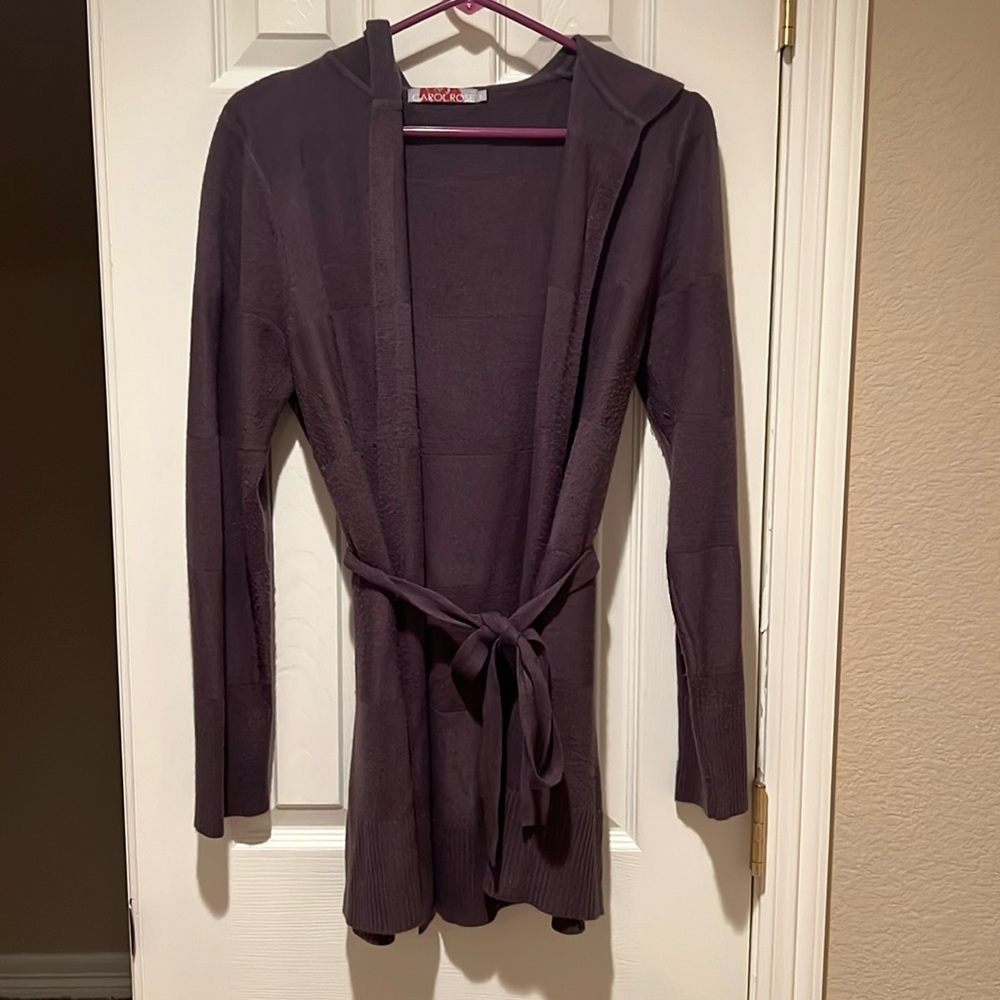 Hooded, brown, belted cardigan